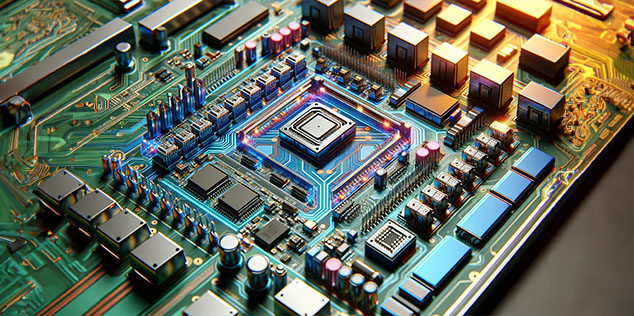 Advanced printed circuit board (PCB) with sophisticated circuitry and electronic components, highlighting cutting-edge technology in electronic manufacturing.