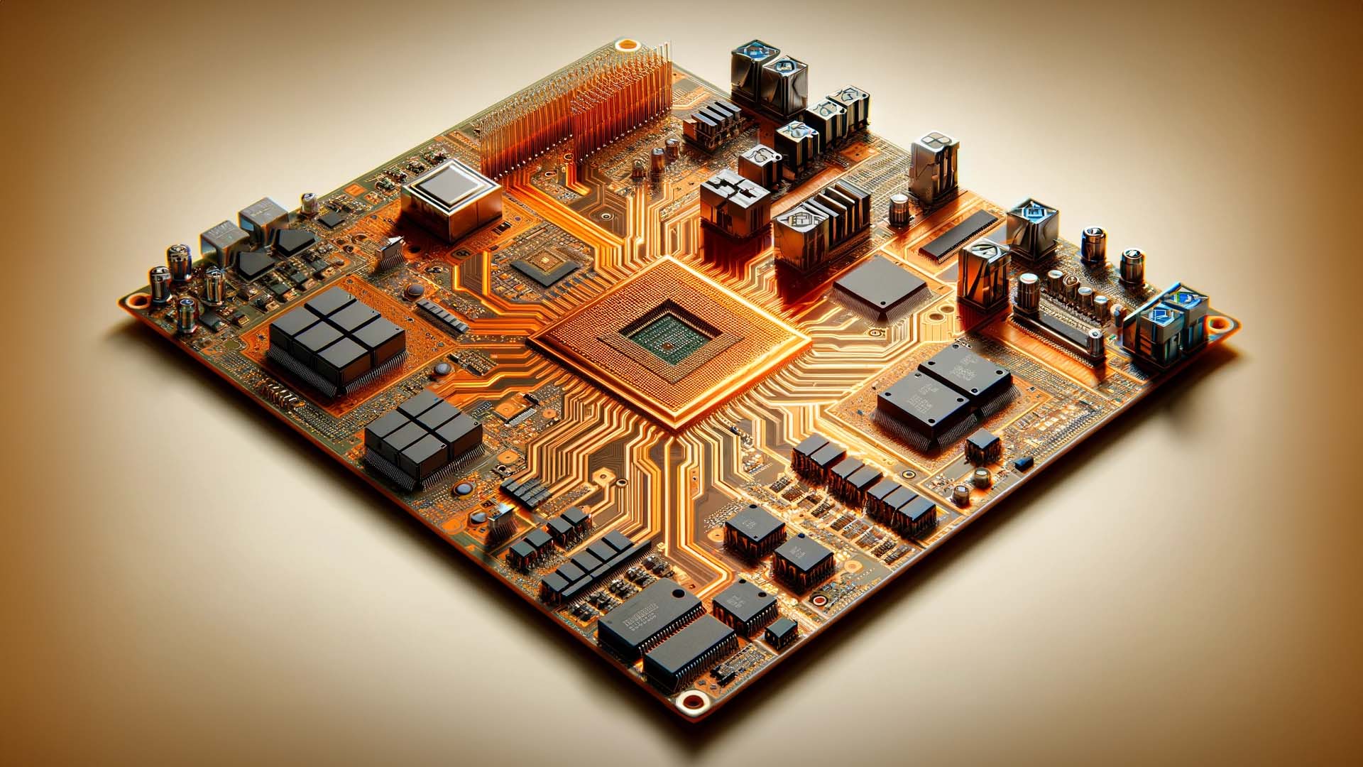 Realistic image of an advanced printed circuit board (PCB) with an array of electronic components and a distinctive orange color theme.