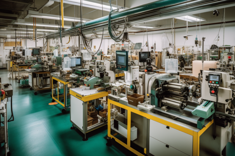 An advanced electronic manufacturing workshop with various high-tech machines and equipment laid out across a clean, green floor.