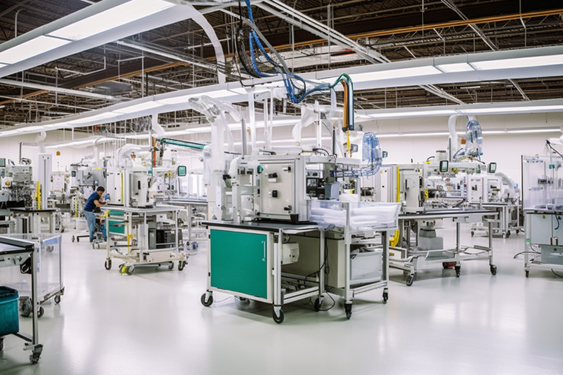 A spacious and well-organized electronic manufacturing floor with workers operating and monitoring automated machinery, reflecting a high standard of industry precision.