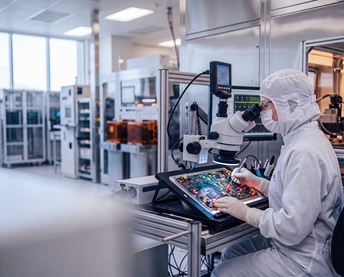 Electronics manufacturing technicians working in an advanced production facility